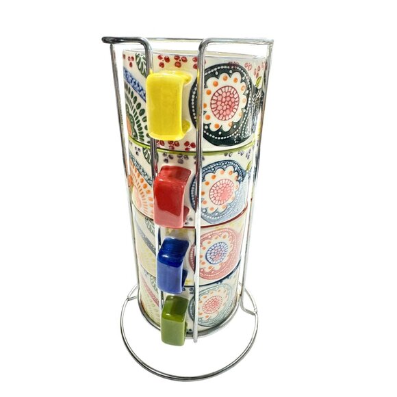 Pier 1 Imports Colorful Ceramic Stackable Coffee Mug Set With Metal Stand - Picture 4 of 7